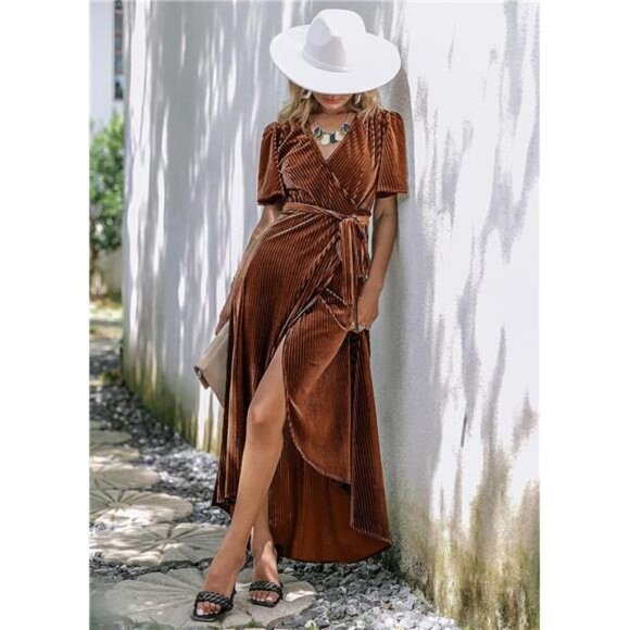 Women's Velvet V-Neck Wrap Semi-Formal Maxi Dress for Cocktail Parties - Picture 3 of 7